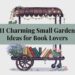 Explore a captivating illustration featuring a mobile garden bookshelf adorned with books, flowers, and twinkling lights, perfectly capturing the allure of literary-themed gardens. Under the banner 11 Charming Small Garden Ideas for Book Lovers, discover creative inspirations that blend the joys of gardening with a love for literature. This enchanting display is surrounded by whimsical book and foliage motifs, offering delightful ideas for transforming any garden into a bibliophiles paradise.