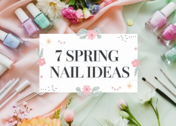 Discover the essence of spring with our curated 7 Spring Nail Ideas. Immerse yourself in a pastel paradise as delicate nail polish bottles and manicure tools encircle a charming white floral sign against a backdrop of soft pink and green fabrics, beautifully adorned with fresh blossoms.
