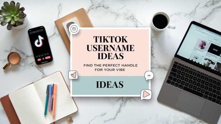 In a creative flat lay of an inspiring workspace, essential tools for digital creativity are on display: a plant adds a touch of nature, while technology is represented by a smartphone open to TikTok and a laptop showcasing Pinterest. A notebook with pens invites brainstorming and planning. At the heart of this setup, a sign encourages users to Discover Your Vibe: Find the Perfect TikTok Username for Your Handle, highlighting the theme of personalized branding and content creation in the digital age.
