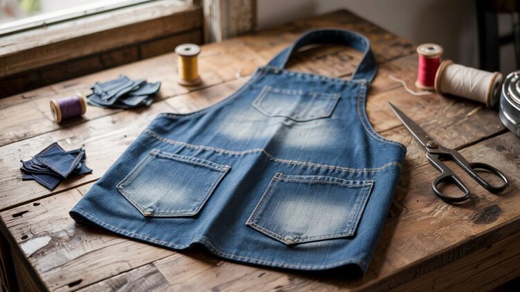 A stylish denim apron, crafted from upcycled jeans and featuring handy front pockets, sits amid sewing supplies on a rustic wooden table—offering fresh inspiration for creative jean repurposing projects.