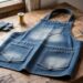 A stylish denim apron, crafted from upcycled jeans and featuring handy front pockets, sits amid sewing supplies on a rustic wooden table—offering fresh inspiration for creative jean repurposing projects.