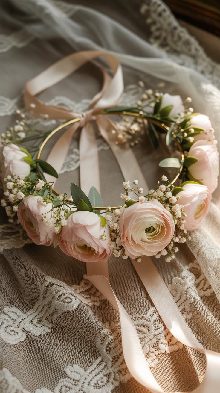 Crafted on lace with blush ribbon bows, this handmade flower crown showcases pink ranunculus, baby's breath, and leafy greens.