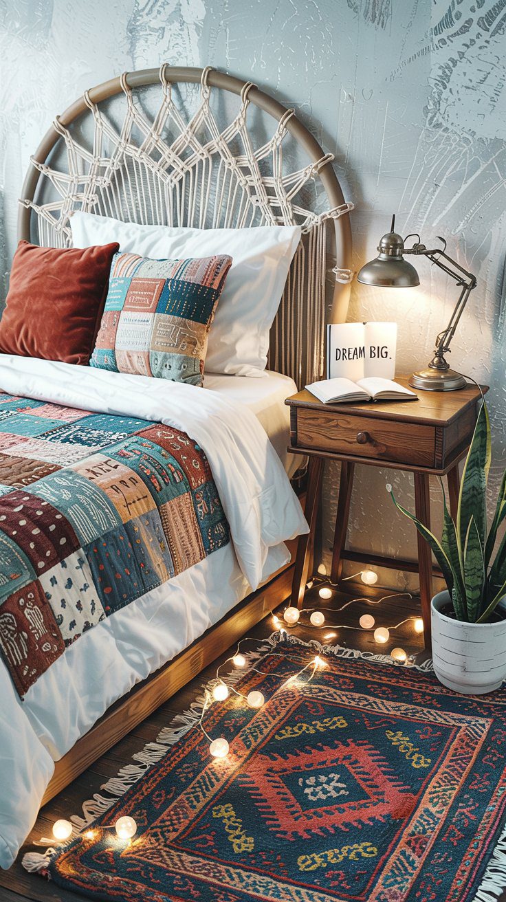 Transform your dorm into a cozy boho retreat with colorful patchwork bedding, a stylish macrame headboard, and vibrant touches like string lights and lush plants. Personal touches—like inspiring signs, patterned rugs, and stacked books—create an inviting space that radiates comfort and creativity.