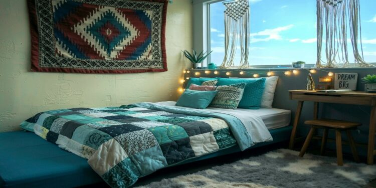Transform your dorm into a cozy boho retreat with vibrant patchwork quilts, glowing string lights, textured rugs, and inspiring decor like a “Dream Big” sign—perfect touches for creating a stylish and inviting space.