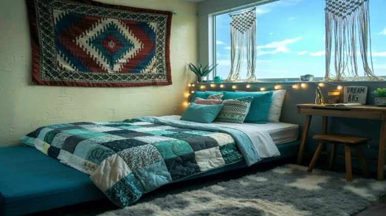 Transform your dorm into a cozy boho retreat with vibrant patchwork quilts, glowing string lights, textured rugs, and inspiring decor like a “Dream Big” sign—perfect touches for creating a stylish and inviting space.