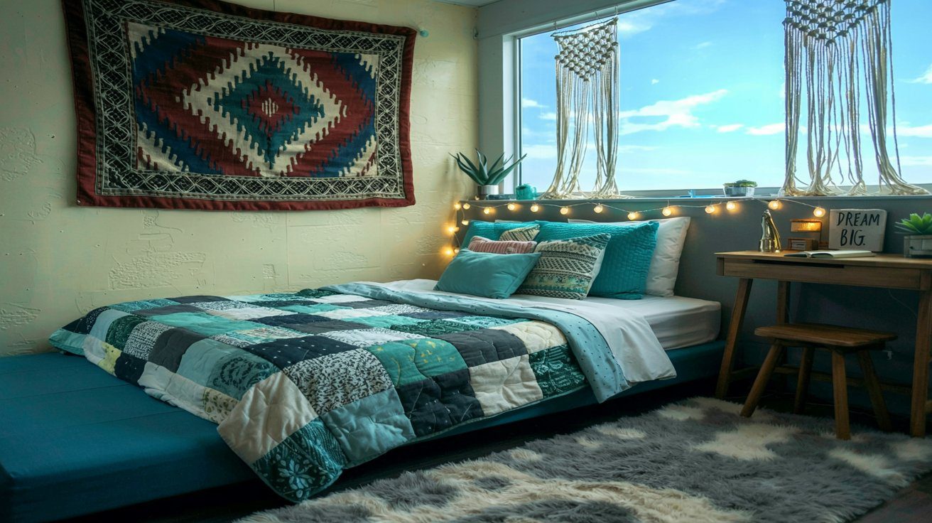 Transform your dorm into a cozy boho retreat with vibrant patchwork quilts, glowing string lights, textured rugs, and inspiring decor like a “Dream Big” sign—perfect touches for creating a stylish and inviting space.