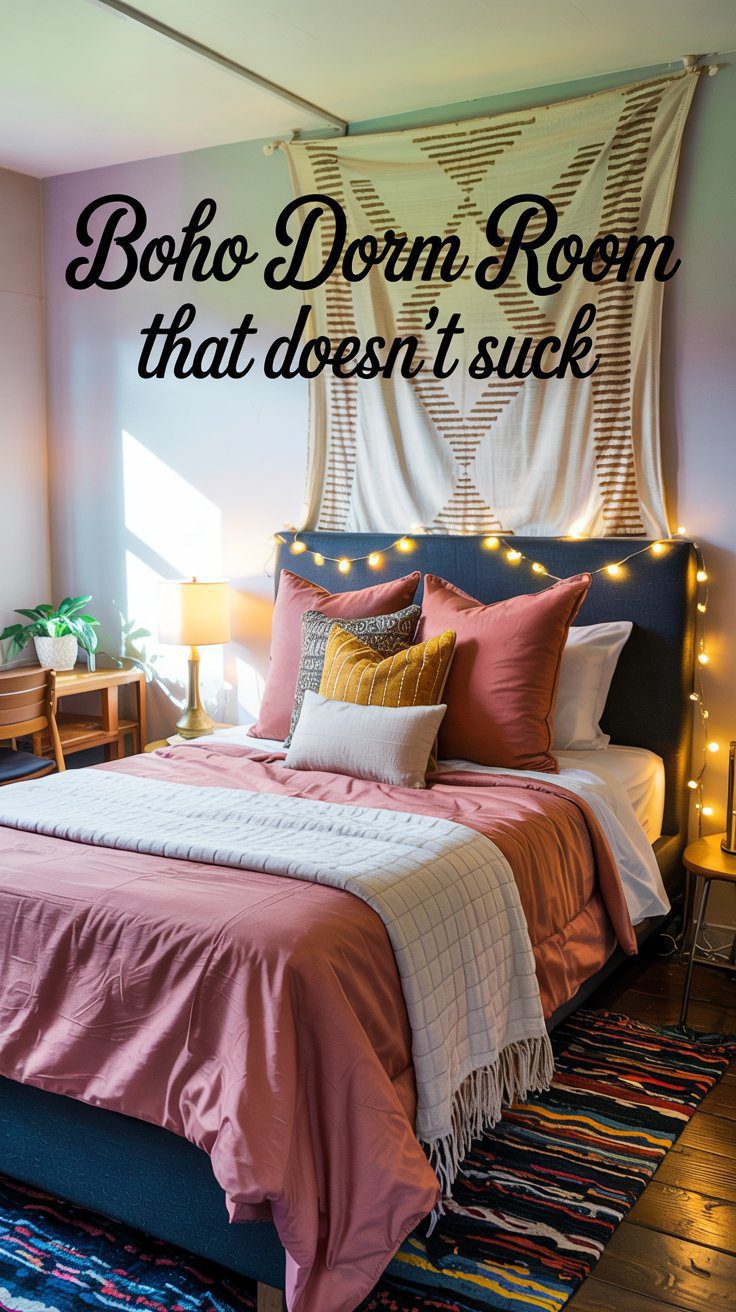 This stylish boho dorm room features string lights, vibrant textiles, and chic decor—proving that college living can be both cozy and effortlessly cool.