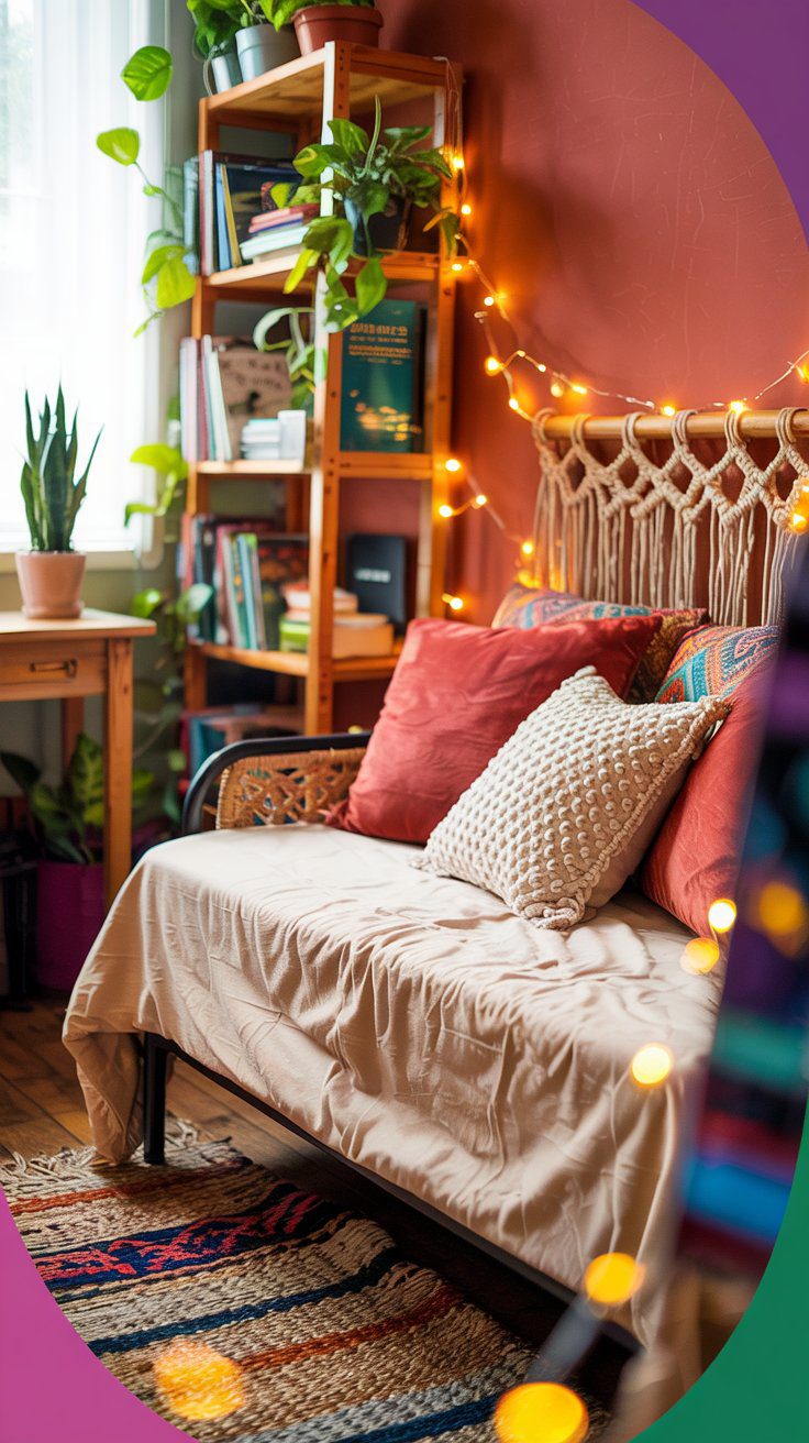 Transform your dorm into a relaxed boho retreat with a rattan daybed, textured pillows, string lights, lush plants, and vibrant rugs—creating a sunlit space thats both cozy and colorful.