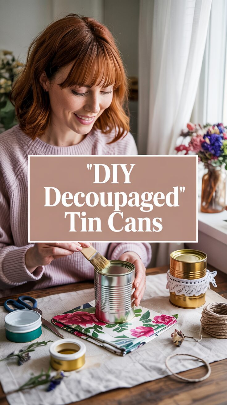A smiling crafter transforms ordinary tin cans into stylish bathroom organizers using DIY decoupage techniques, surrounded by decorative materials and tools—proof that upcycling can be both creative and practical.