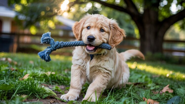 A golden retriever puppy enjoys a sunny day outdoors, playfully chewing on a homemade denim toy amid a warm and cheerful setting.