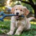A golden retriever puppy enjoys a sunny day outdoors, playfully chewing on a homemade denim toy amid a warm and cheerful setting.