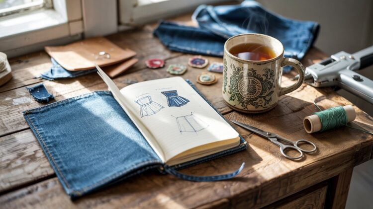Bathed in sunlight, a wooden table brims with creativity: dress sketches fill an open denim-covered notebook, surrounded by fabrics, threads, leather pieces, and sewing notions—an inviting scene where inspiration meets craftsmanship over a warm cup of tea.