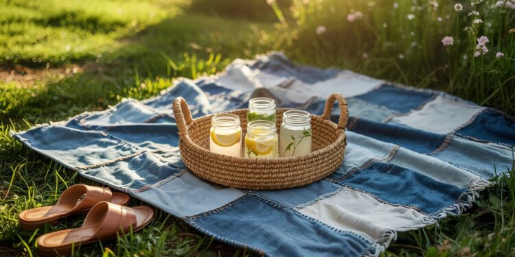 A sunlit picnic scene features a basket of lemonade jars atop a blue-and-white patchwork blanket, thoughtfully crafted from old jeans, set among flowers and sandals in the grass—celebrating creativity, sustainability, and the joys of summer outdoors.