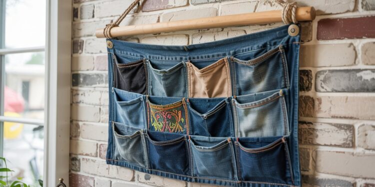 Repurposed from old jeans, this denim pocket organizer offers a stylish and sustainable way to stay organized—combining practical storage with creative DIY flair.