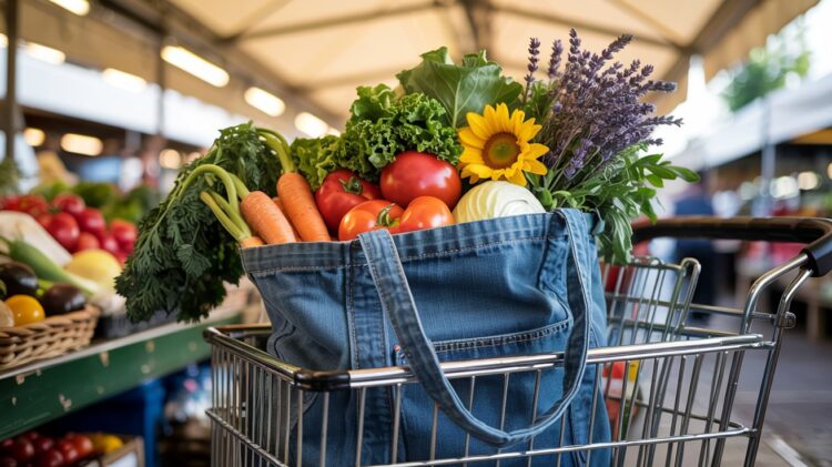 A vibrant outdoor market scene features a sturdy, upcycled denim bag overflowing with fresh vegetables, herbs, and a sunflower—showcasing sustainable shopping amidst colorful local produce.