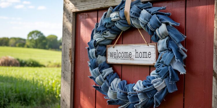 A charming DIY wreath made from repurposed denim and adorned with a “welcome home” sign adds a cozy, rustic touch to a red barn wall, set against the serene beauty of green fields and open skies.