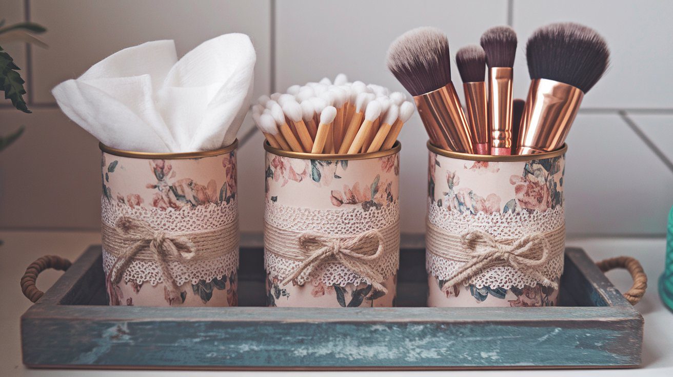 Transform ordinary tin cans into charming bathroom organizers with this DIY project: floral lace decoupage adds elegance while neatly storing cotton pads, swabs, and makeup brushes—all presented on a stylish blue tray.