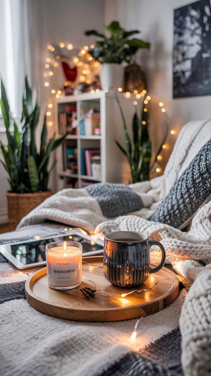 Discover the warmth and charm of Boho dorm decor with a softly lit living space featuring cozy knits, glowing fairy lights, soothing candles, and inviting touches like books and potted plants.