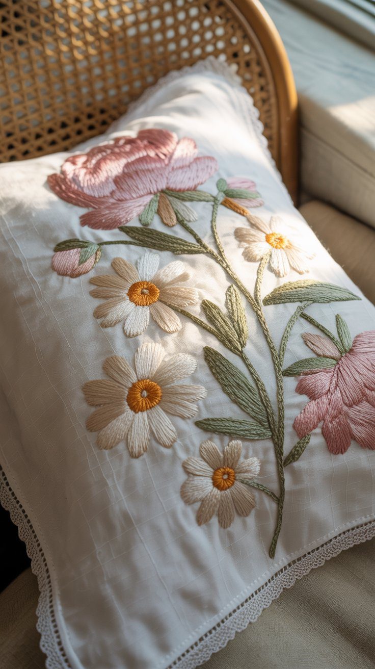 A handmade pillow adorned with pink, yellow, and green floral embroidery sits on a woven chair, glowing in natural sunlight.