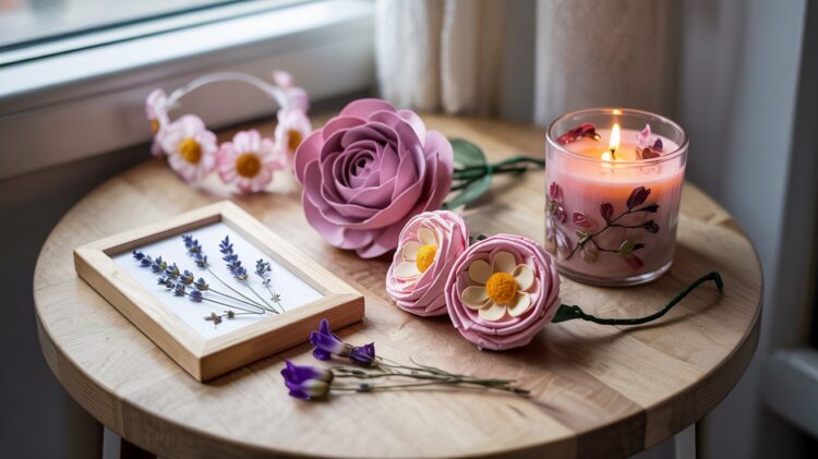 A sunlit wooden table adorned with handmade floral decor—like paper flowers, a pink candle, and a framed lavender sprig—offers charming inspiration for cozy DIY flower crafts.