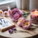A sunlit wooden table adorned with handmade floral decor—like paper flowers, a pink candle, and a framed lavender sprig—offers charming inspiration for cozy DIY flower crafts.