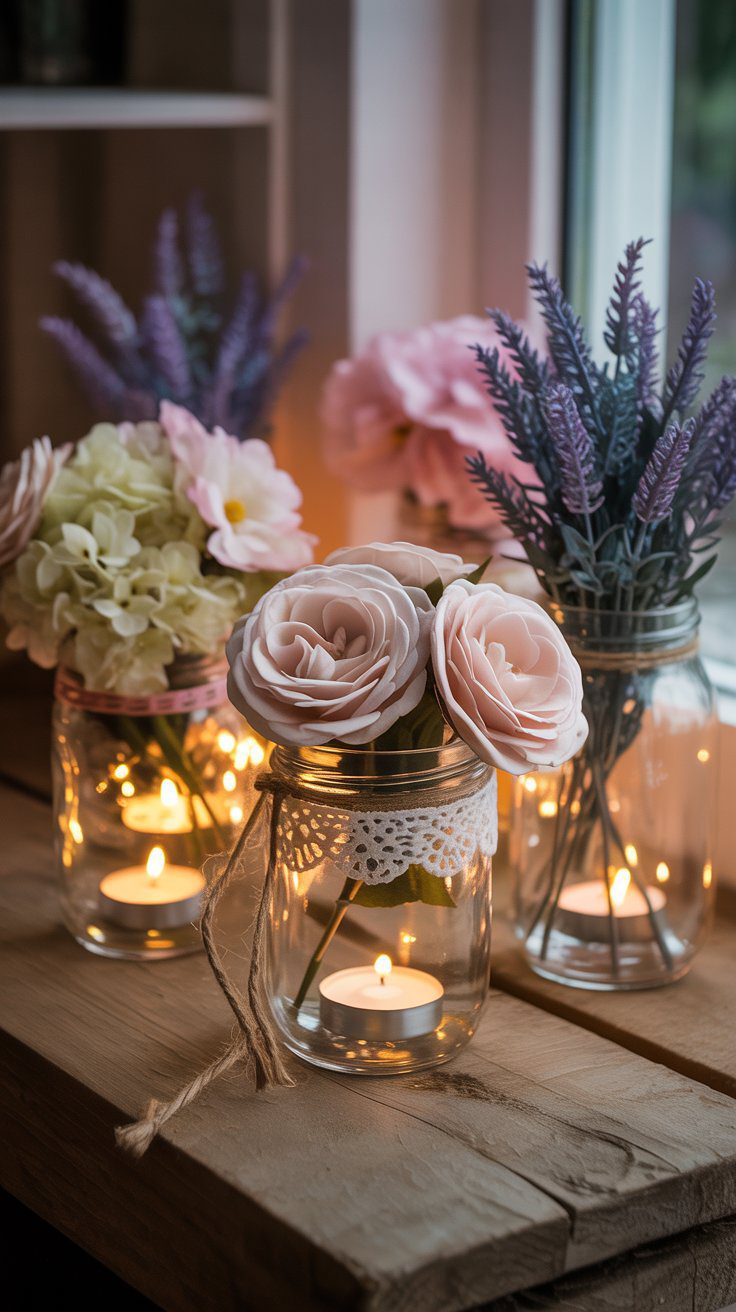 Flower jar lanterns cast the kind of glow that makes any evening feel dreamy. Fill clear jars with soft faux florals — blush roses, pale hydrangeas, or sprigs of lavender — then tuck an LED candle inside. The warm light flickers through petals and glass, creating that romantic vintage cottage vibe. Add lace trim or jute twine for a charming finish.