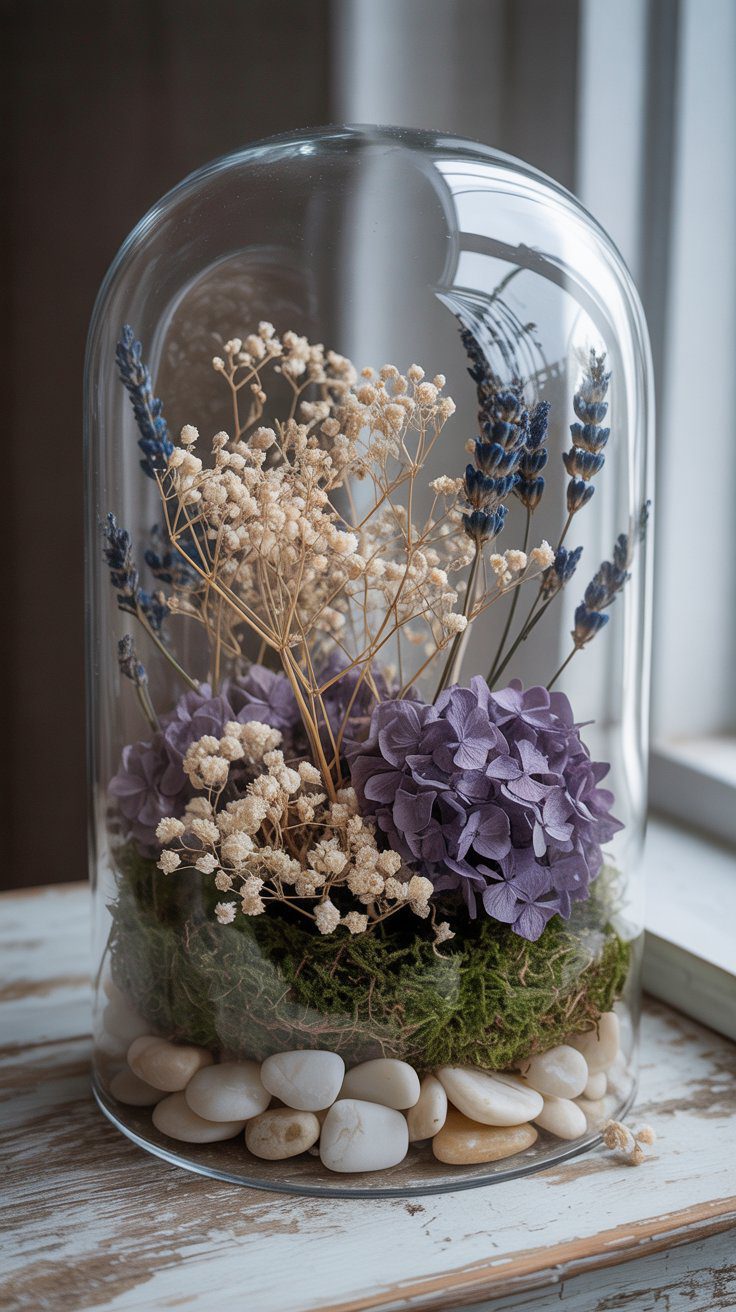A glass dome displays purple hydrangeas, dried blooms, lavender, moss, and stones, creating a dreamy DIY accent near a window.