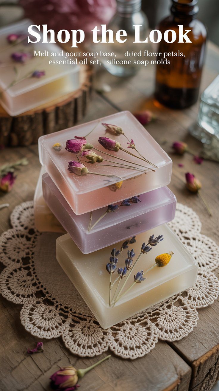 Handcrafted pastel soaps shaped like petals rest on lace, accented by dried blooms, glass jars, and loose petals. Shop the Look.