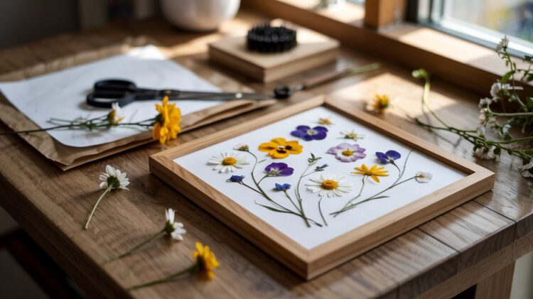 A sunlit wooden table comes alive with creativity as a Step-by-Step Pressed Flower Art project unfolds—delicate blooms arranged in a frame, surrounded by crafting tools and natural light, capturing the beauty of handmade artistry inspired by nature.