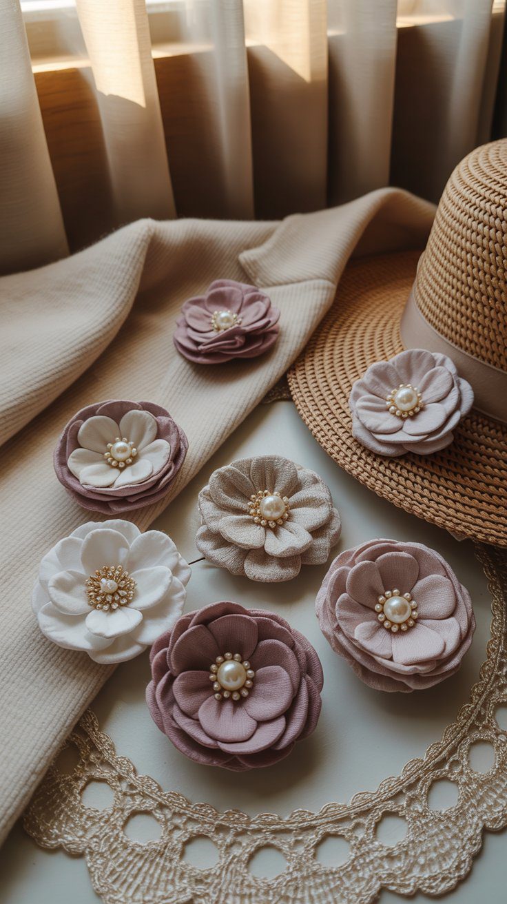 Chic floral brooches in soft hues with pearl centers sit by a straw hat, perfect for DIY crafts, against a warm, inviting backdrop.