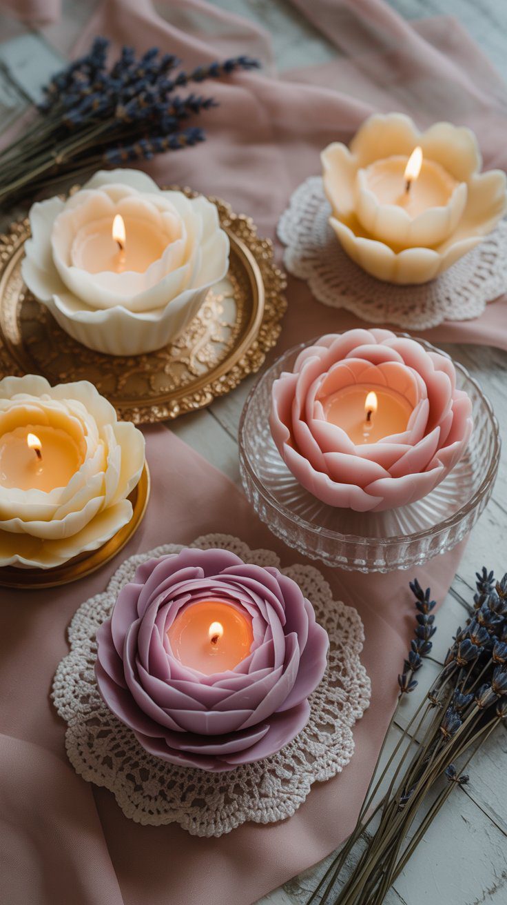 Lit pastel flower candles rest on lace doilies, surrounded by lavender and pink fabric—perfect for DIY craft inspiration.