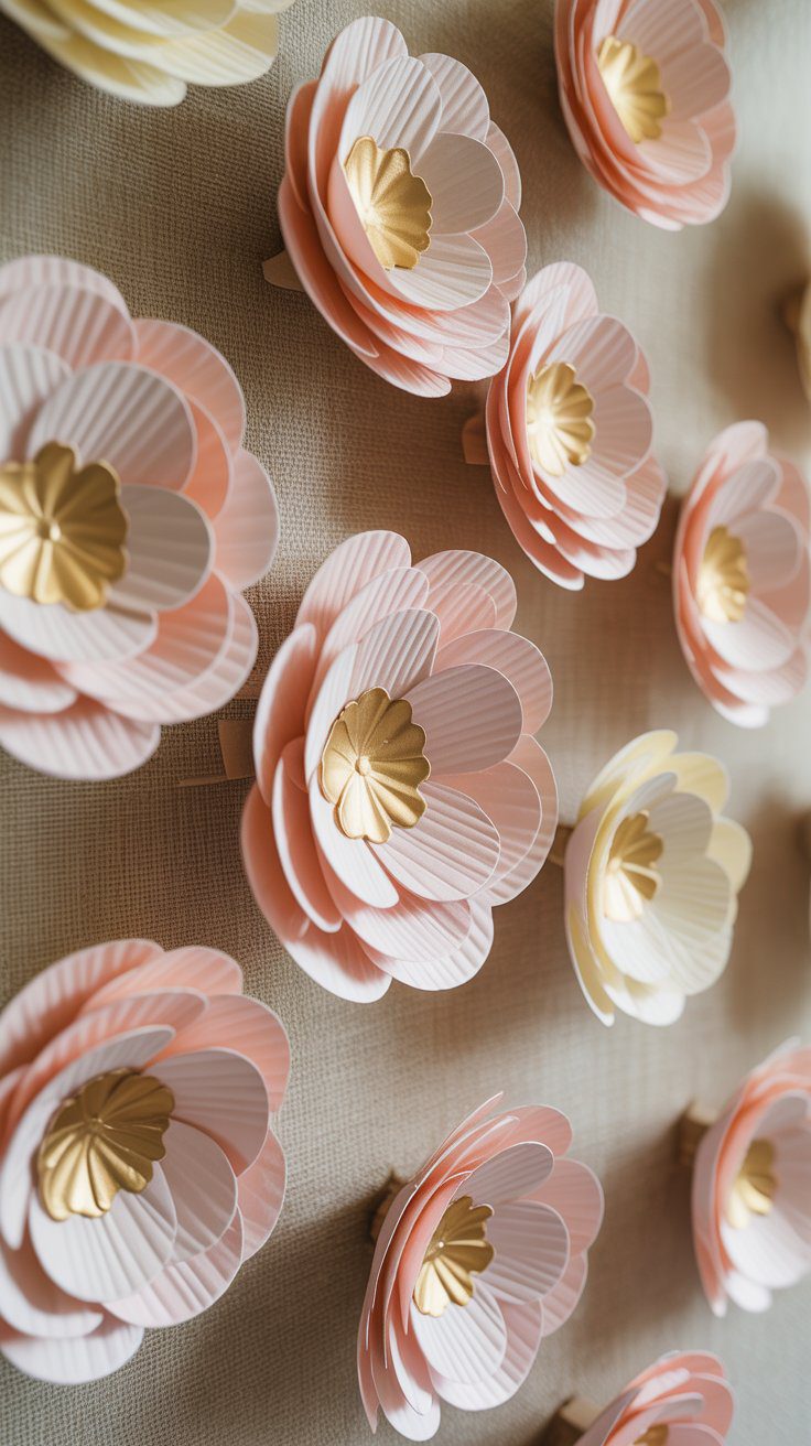 A charming display of pastel pink and cream paper flowers with gold centers lines a beige backdrop, perfect for elegant DIY decor.