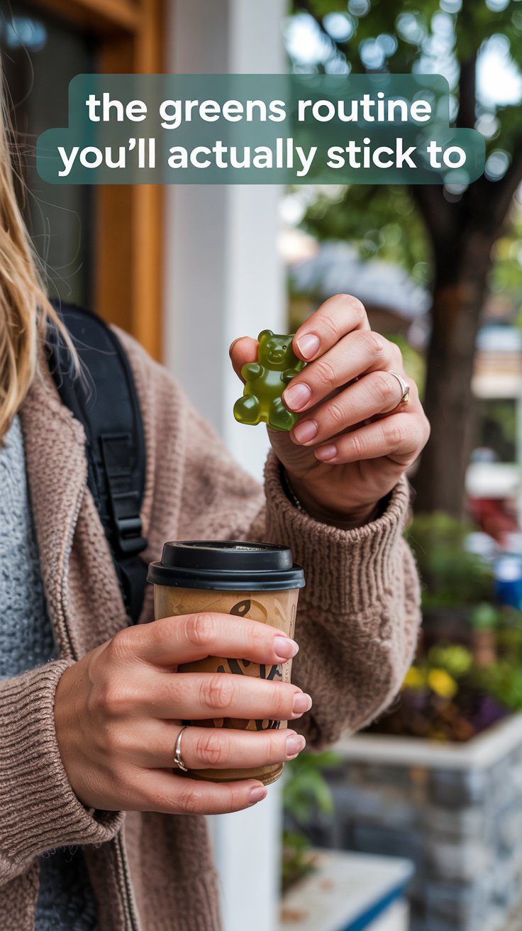 A person enjoys a convenient health routine, sipping coffee while holding a Grüns Gummies green bear, embodying the promise of “the daily power greens routine you’ll actually stick to.”.