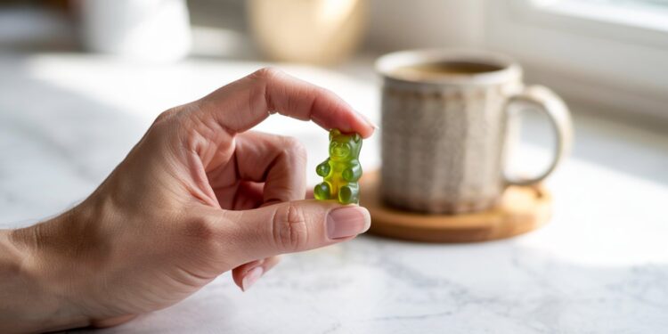A hand lifts a vibrant Grüns Gummies candy beside a steaming mug on sunlit marble, embodying a simple moment of daily empowerment and joy.