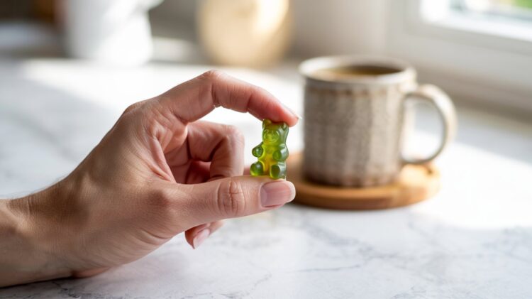 A hand lifts a vibrant Grüns Gummies candy beside a steaming mug on sunlit marble, embodying a simple moment of daily empowerment and joy.