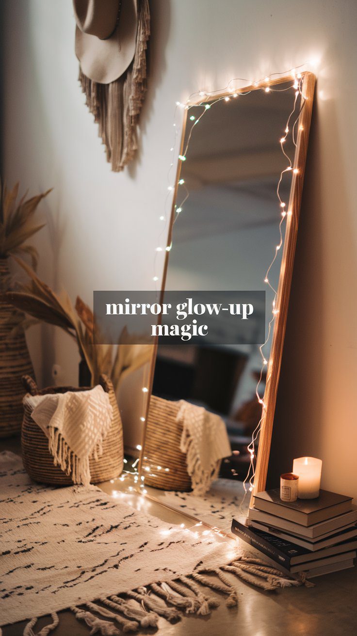 A cozy corner comes to life with a string-light-framed mirror, layered rugs, woven baskets filled with blankets, books, and the warm glow of a candle—capturing the inviting essence of a Mirror Glow Up magic transformation.