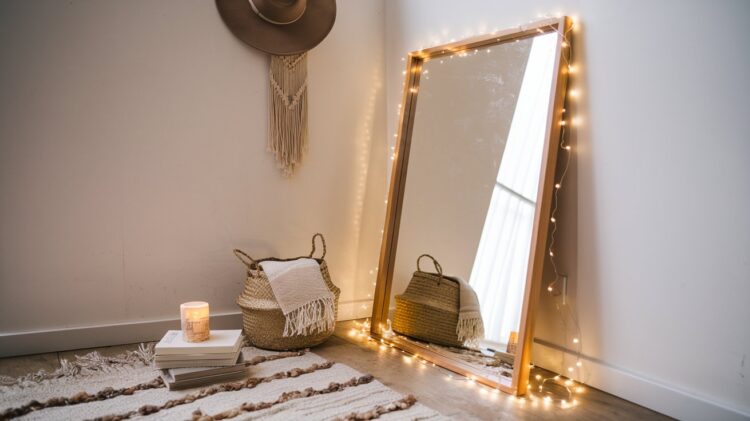 Transform your space with a cozy corner: a wood-framed full-length mirror adorned with string lights, complemented by woven baskets, candles atop stacked books, and stylish wall decor—making for an inspiring glow-up mirror setup.