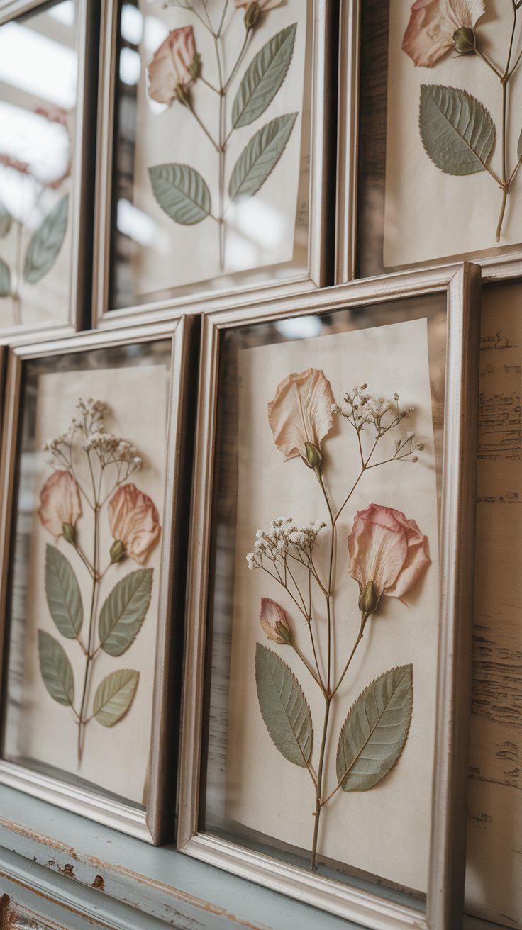 Glass frames showcase delicate pressed flowers—soft pinks and lush greens—that bring serene beauty to minimalist decor ideas.