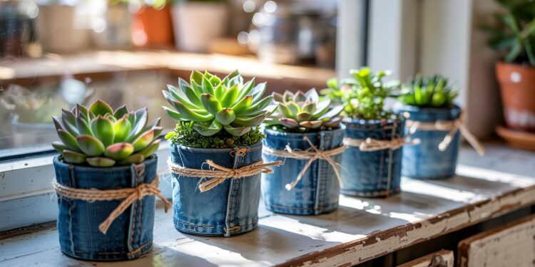 Upcycled denim-wrapped pots, adorned with twine and filled with succulents, line a sunny windowsill—showcasing a creative and eco-friendly way to turn old jeans into stylish indoor plant decor.