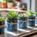 Upcycled denim-wrapped pots, adorned with twine and filled with succulents, line a sunny windowsill—showcasing a creative and eco-friendly way to turn old jeans into stylish indoor plant decor.
