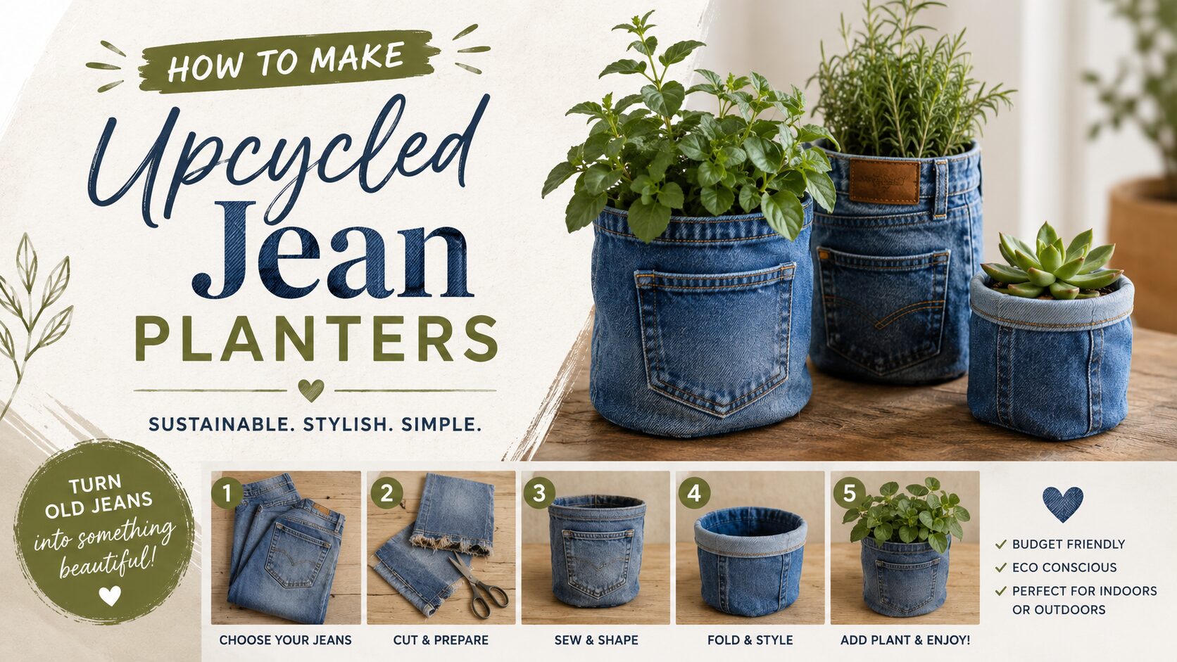 Step-by-step photos show how to turn old jeans into three creative planters with lush greenery, guiding you from start to finish.