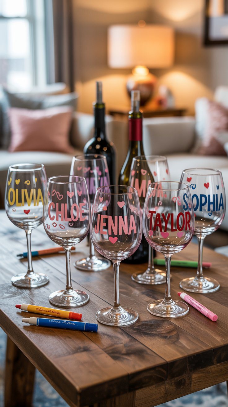Personalized wine glasses adorned with vibrant names and hearts, paired with markers and bottles of wine on a cozy table, set the scene for creative adult craft nights or memorable evenings with friends.
