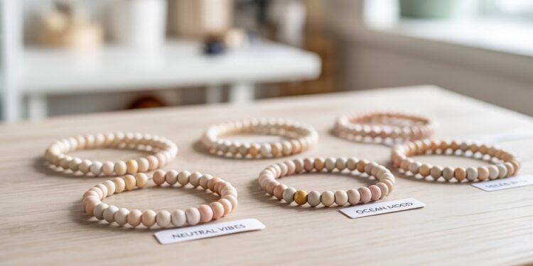 Discover six minimalist beaded bracelets in neutral tones—each with unique names like NEUTRAL VIBES and OCEAN WOOD—perfect for lovers of simple, stylish accessories. Displayed on a light wooden table against a bright, airy backdrop, these bracelets are must-haves for anyone embracing understated elegance.