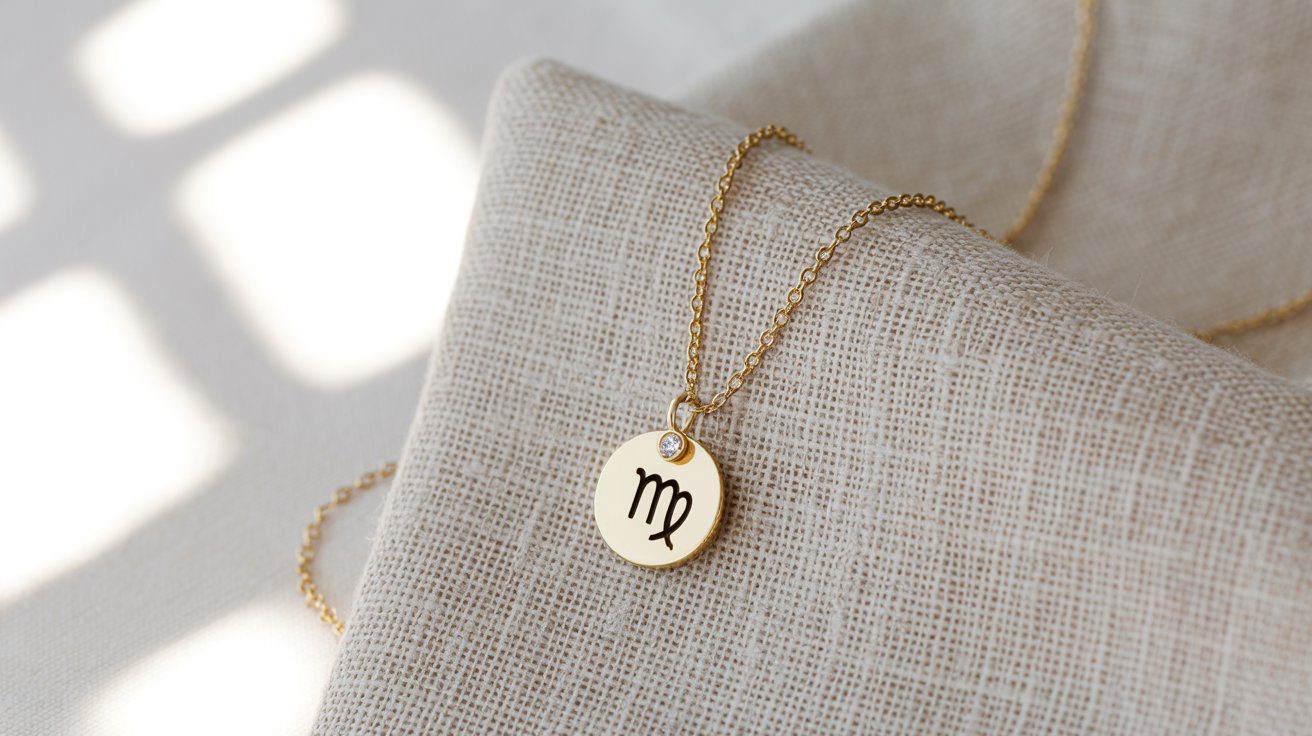 Discover a stunning gold necklace featuring the Virgo zodiac symbol and a sparkling gemstone—an elegant, personalized accessory for anyone who loves meaningful, zodiac-inspired jewelry.