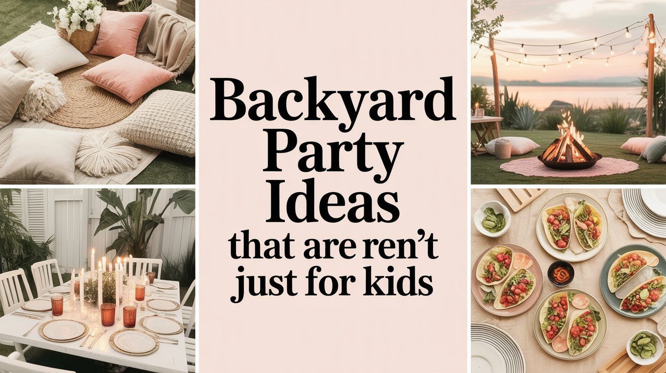 Discover creative backyard party ideas for adults, featuring cozy seating, sunset firepits, candlelit dining, and delicious tacos—proving outdoor entertaining isn’t just for kids.