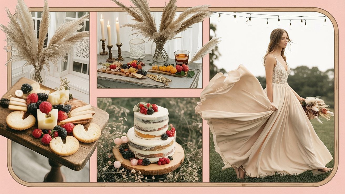 Celebrate the artistry of modern weddings with this collage of inspirations: a radiant bride, elegant cakes adorned with berries, abundant cheese and fruit platters, and stylish boho decor featuring candles, pampas grass, and natural wooden accents—perfect for a chic bridal shower.