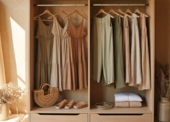 A sunlit open wardrobe showcases neatly hung beige and green boho staples—dresses, tops, and pants—paired with artfully arranged accessories like a wicker bag, sandals, and decorative vases for effortless closet styling.