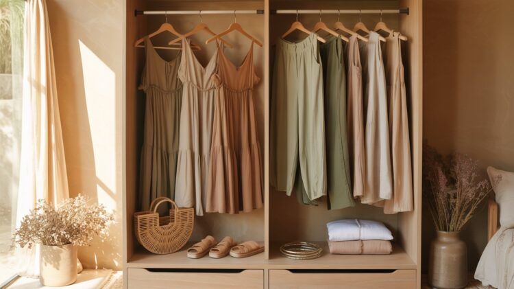 A sunlit open wardrobe showcases neatly hung beige and green boho staples—dresses, tops, and pants—paired with artfully arranged accessories like a wicker bag, sandals, and decorative vases for effortless closet styling.