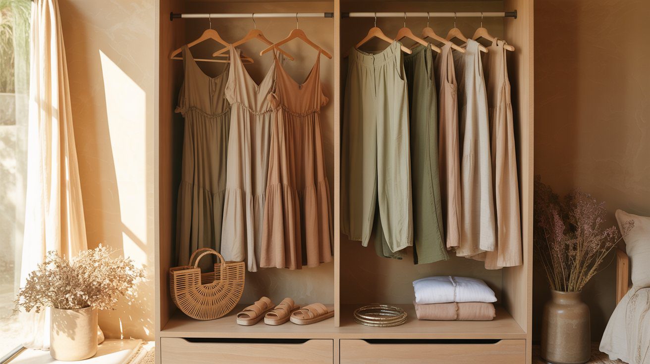 A sunlit open wardrobe showcases neatly hung beige and green boho staples—dresses, tops, and pants—paired with artfully arranged accessories like a wicker bag, sandals, and decorative vases for effortless closet styling.