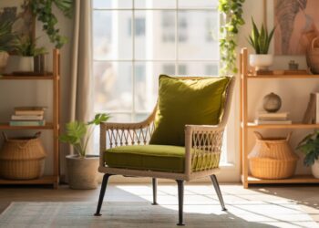 Transform your workspace into a peaceful retreat with natural light, lush greenery, and cozy touches like a wicker chair with green cushions—creating a home office that inspires both comfort and creativity.